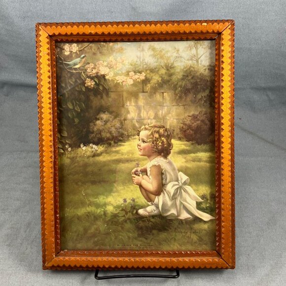 Tramp Art Works Antique Carved Wood Chip Frame 1930s Adelaide Hiebel Bluebird - Picture 3 of 10